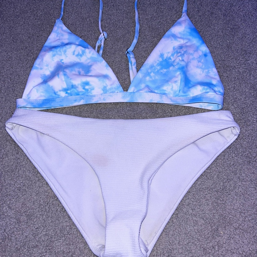 blue and white tye dye bikini set
